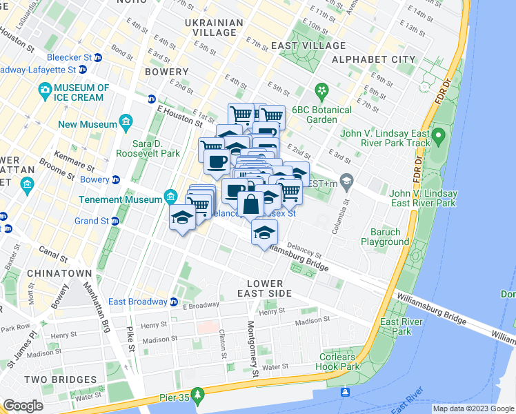 map of restaurants, bars, coffee shops, grocery stores, and more near 47 Clinton Street in New York