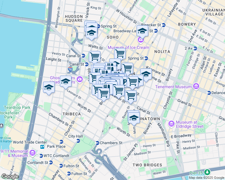 map of restaurants, bars, coffee shops, grocery stores, and more near 407 Broadway in New York