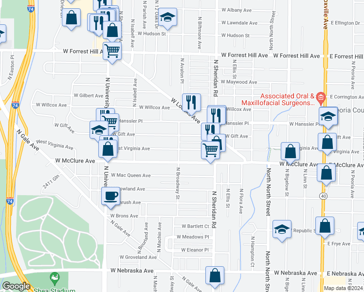map of restaurants, bars, coffee shops, grocery stores, and more near 823 West Virginia Avenue in Peoria