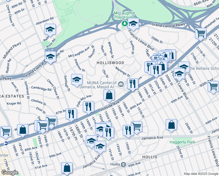 map of restaurants, bars, coffee shops, grocery stores, and more near 194-05 87th Road in Queens
