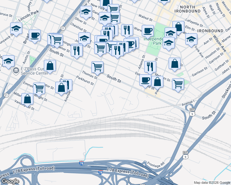 map of restaurants, bars, coffee shops, grocery stores, and more near 324 Thomas Street in Newark