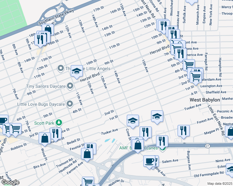 map of restaurants, bars, coffee shops, grocery stores, and more near 1326 4th St in West Babylon