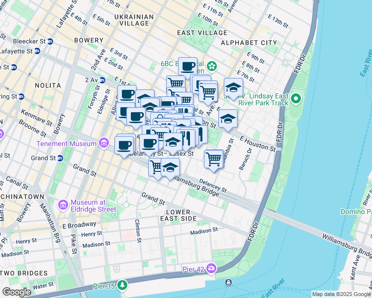 map of restaurants, bars, coffee shops, grocery stores, and more near 118 Ridge Street in New York