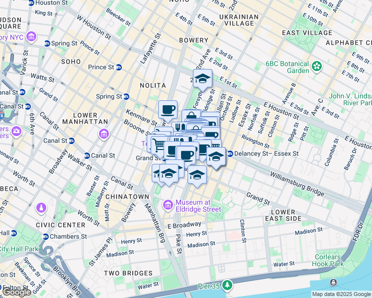 map of restaurants, bars, coffee shops, grocery stores, and more near 139 Eldridge Street in New York