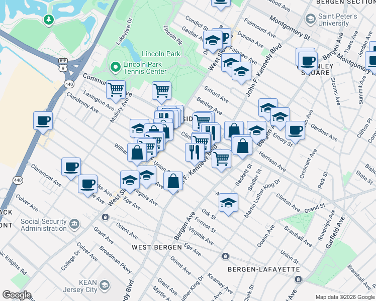 map of restaurants, bars, coffee shops, grocery stores, and more near 90 Lexington Avenue in Jersey City