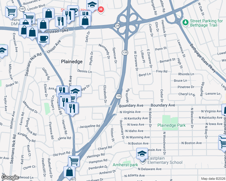 map of restaurants, bars, coffee shops, grocery stores, and more near 8 Byron Lane in Bethpage