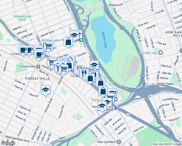 map of restaurants, bars, coffee shops, grocery stores, and more near 75-23 113th Street in Queens