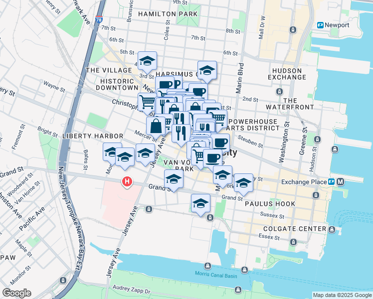 map of restaurants, bars, coffee shops, grocery stores, and more near 32 Mercer Street in Jersey City