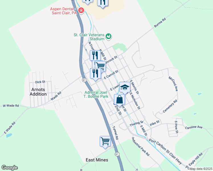 map of restaurants, bars, coffee shops, grocery stores, and more near 29 South 2nd Street in Saint Clair