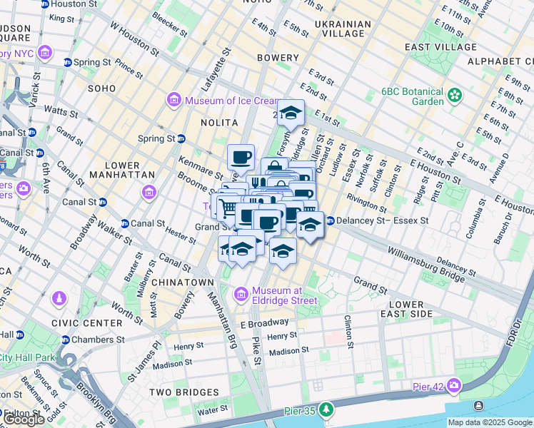 map of restaurants, bars, coffee shops, grocery stores, and more near 139 Eldridge Street in New York