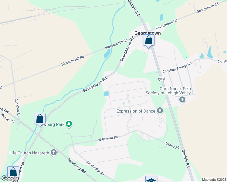 map of restaurants, bars, coffee shops, grocery stores, and more near 3548 Sweetgum Drive in Nazareth