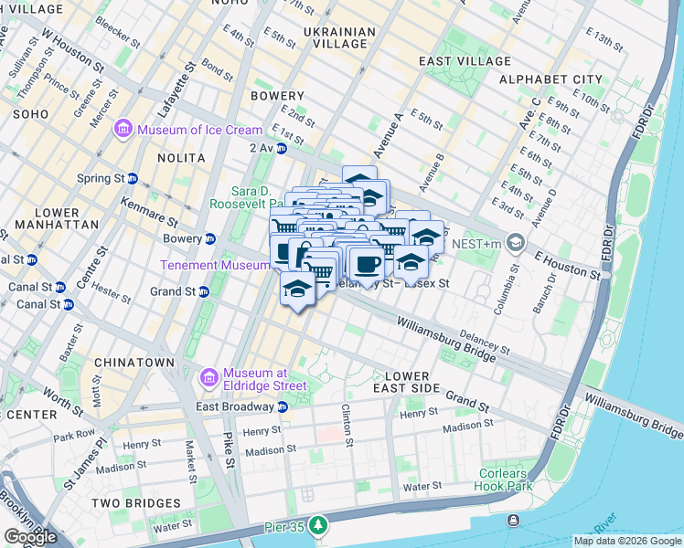 map of restaurants, bars, coffee shops, grocery stores, and more near 105 Norfolk Street in New York