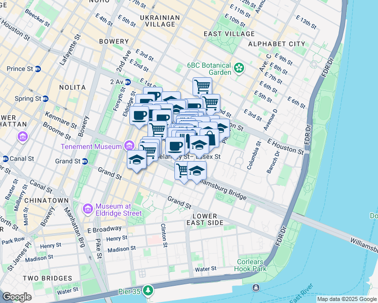 map of restaurants, bars, coffee shops, grocery stores, and more near 42 Clinton Street in New York