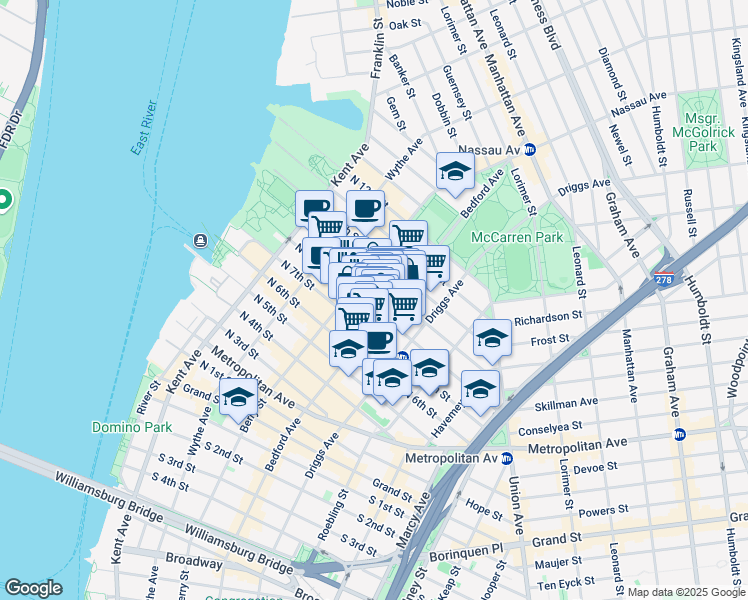 map of restaurants, bars, coffee shops, grocery stores, and more near 141 North 8th Street in Brooklyn