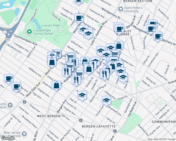 map of restaurants, bars, coffee shops, grocery stores, and more near 676 Communipaw Avenue in Jersey City