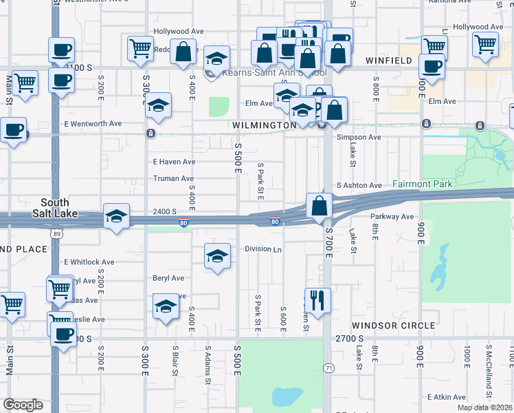 map of restaurants, bars, coffee shops, grocery stores, and more near 538 East Driggs Avenue in Salt Lake City