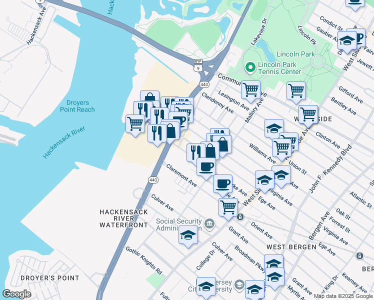 map of restaurants, bars, coffee shops, grocery stores, and more near 16 Bennett Street in Jersey City