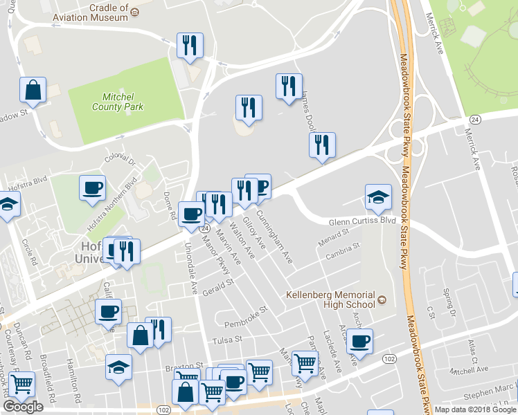 map of restaurants, bars, coffee shops, grocery stores, and more near 1228 Hempstead Turnpike in Uniondale