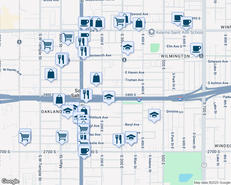 map of restaurants, bars, coffee shops, grocery stores, and more near 265 East 2400 South in South Salt Lake
