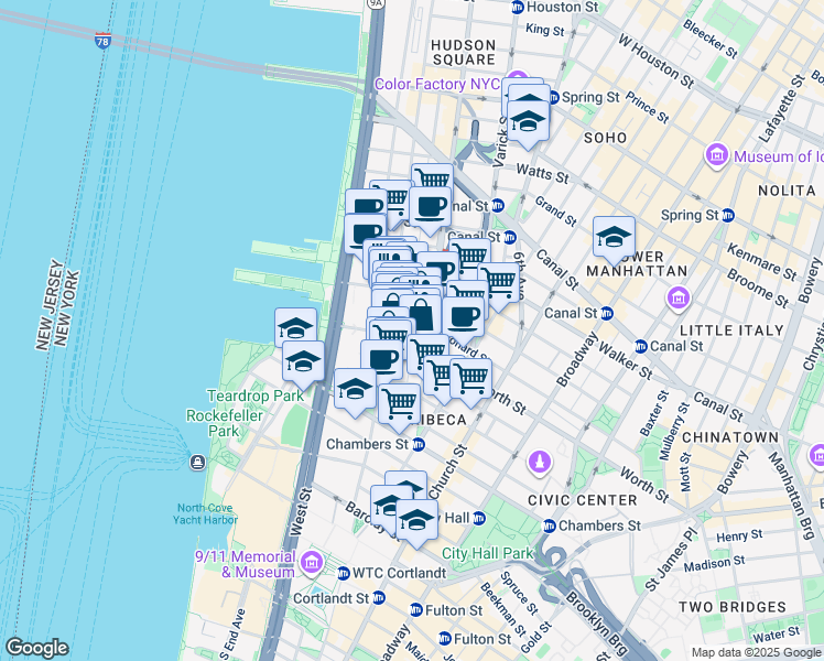 map of restaurants, bars, coffee shops, grocery stores, and more near 361 Greenwich Street in New York