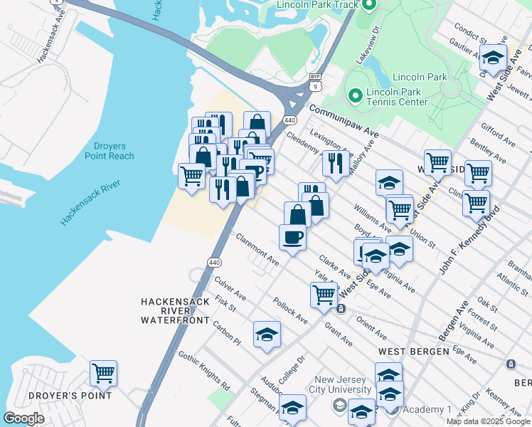 map of restaurants, bars, coffee shops, grocery stores, and more near 146 Clarke Avenue in Jersey City