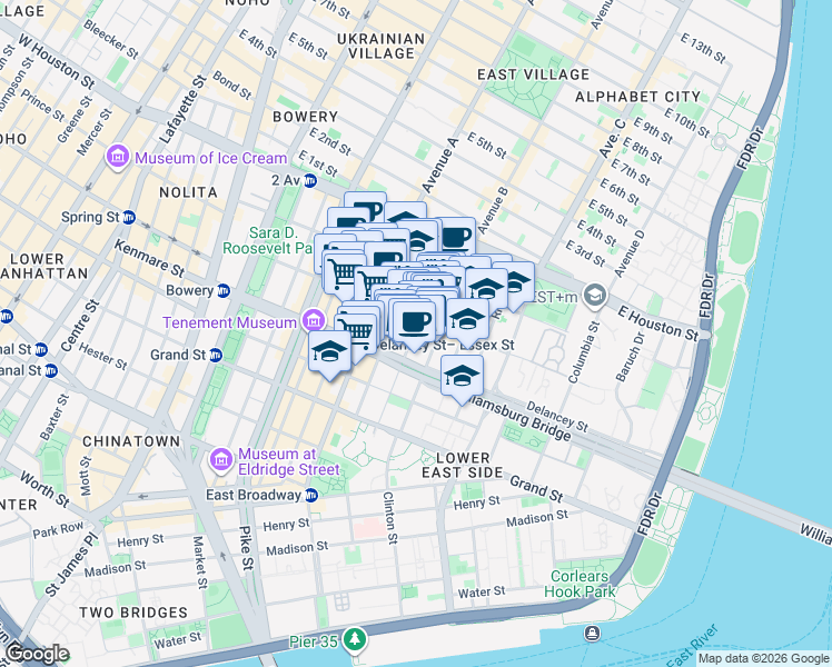 map of restaurants, bars, coffee shops, grocery stores, and more near in New York