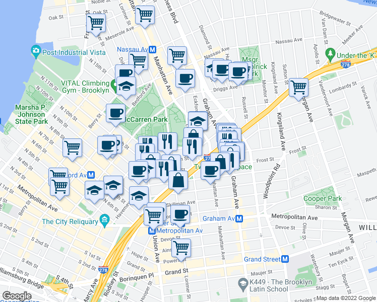 map of restaurants, bars, coffee shops, grocery stores, and more near 410 Leonard Street in Brooklyn