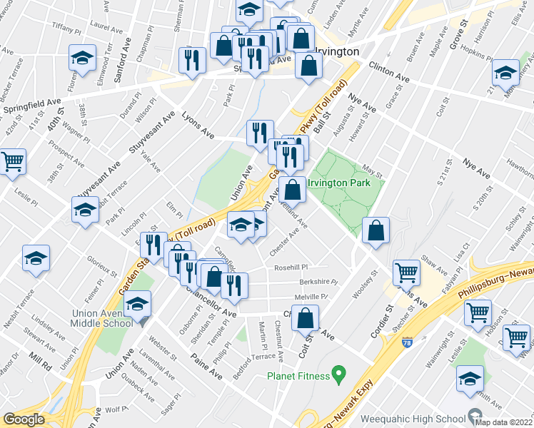 map of restaurants, bars, coffee shops, grocery stores, and more near 63 Cleremont Avenue in Irvington