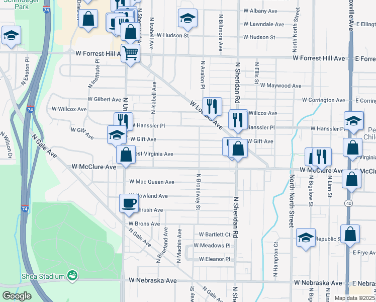 map of restaurants, bars, coffee shops, grocery stores, and more near 909 West Virginia Avenue in Peoria