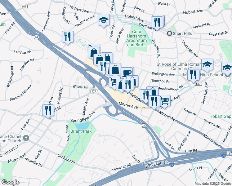 map of restaurants, bars, coffee shops, grocery stores, and more near 727 Morris Turnpike in Springfield Township