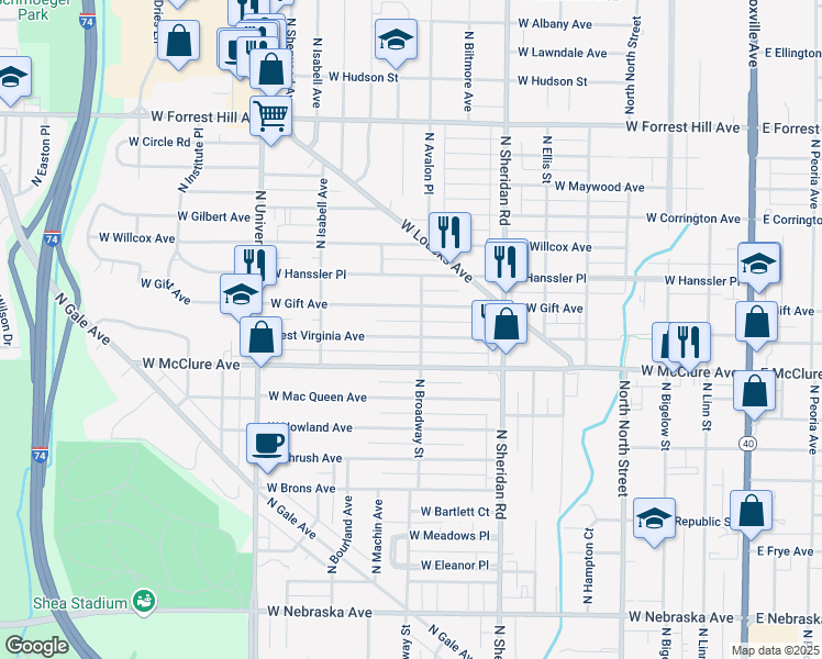 map of restaurants, bars, coffee shops, grocery stores, and more near 903 West Virginia Avenue in Peoria