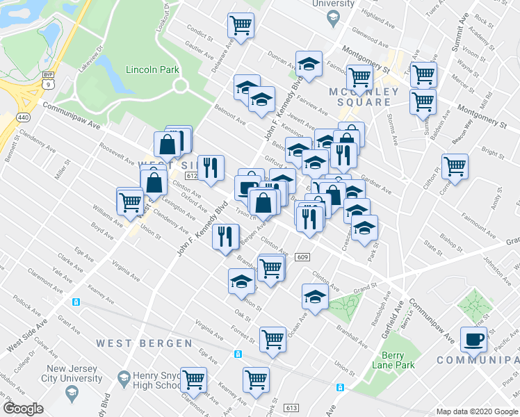 map of restaurants, bars, coffee shops, grocery stores, and more near 678 Communipaw Avenue in Jersey City