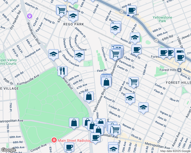 map of restaurants, bars, coffee shops, grocery stores, and more near 66-23 Alderton Street in Queens