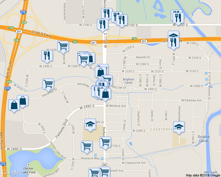 map of restaurants, bars, coffee shops, grocery stores, and more near 2397 Red Bur Court in West Valley City