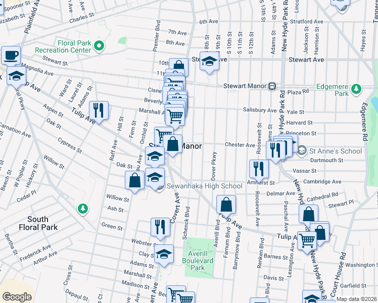 map of restaurants, bars, coffee shops, grocery stores, and more near 146 Argyle Road in Garden City