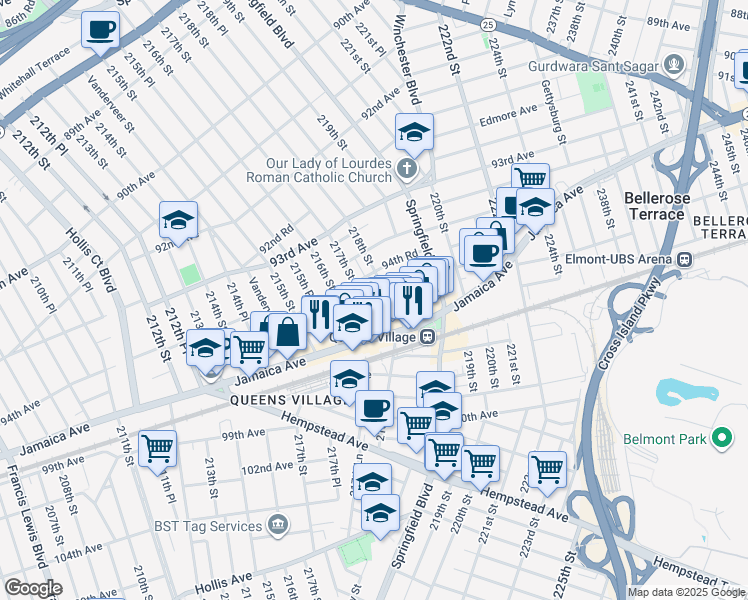 map of restaurants, bars, coffee shops, grocery stores, and more near 94-35 217th Street in Queens