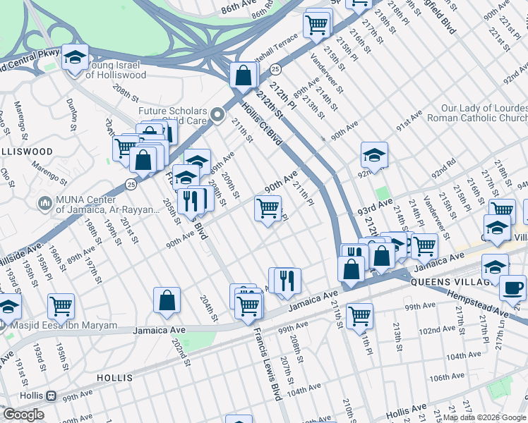 map of restaurants, bars, coffee shops, grocery stores, and more near 90-18 210th Street in Queens