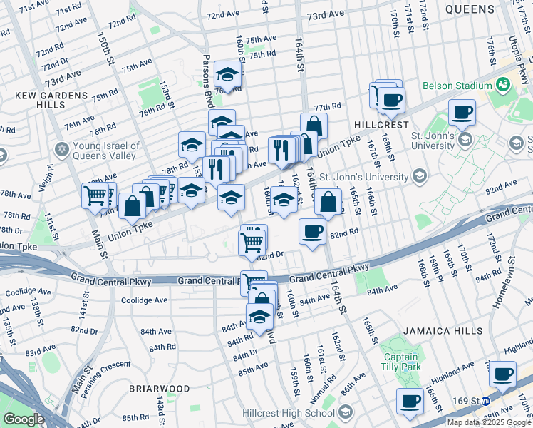 map of restaurants, bars, coffee shops, grocery stores, and more near 159-05 Goethals Avenue in Queens