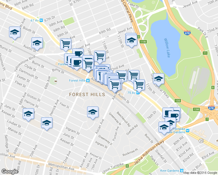 map of restaurants, bars, coffee shops, grocery stores, and more near 108-02 Austin Street in Queens