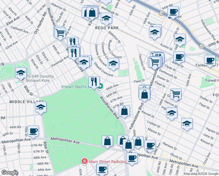 map of restaurants, bars, coffee shops, grocery stores, and more near 85-60 66th Avenue in Queens