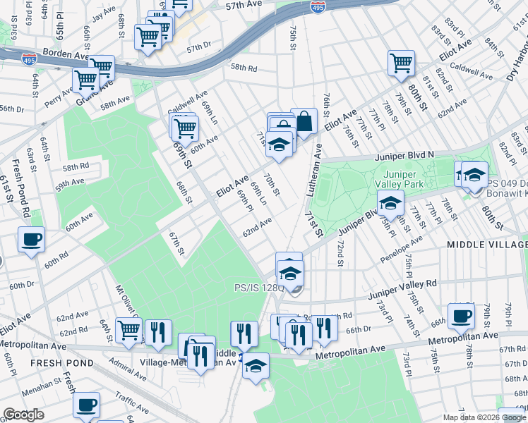 map of restaurants, bars, coffee shops, grocery stores, and more near 61-47 69th Place in Queens
