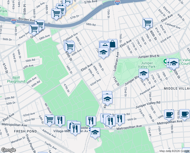map of restaurants, bars, coffee shops, grocery stores, and more near 61-47 69th Place in Queens