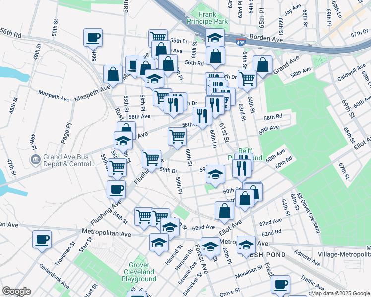 map of restaurants, bars, coffee shops, grocery stores, and more near 58-11 60th Street in Queens