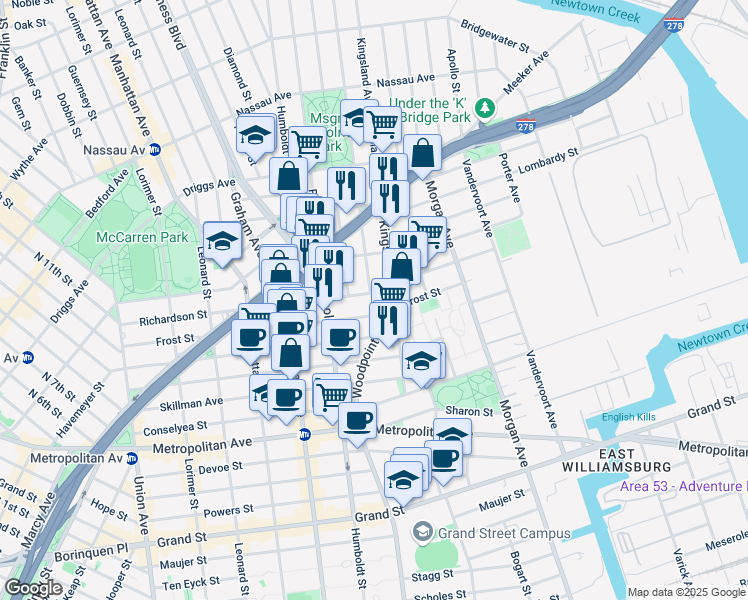 map of restaurants, bars, coffee shops, grocery stores, and more near 252 Richardson Street in Brooklyn