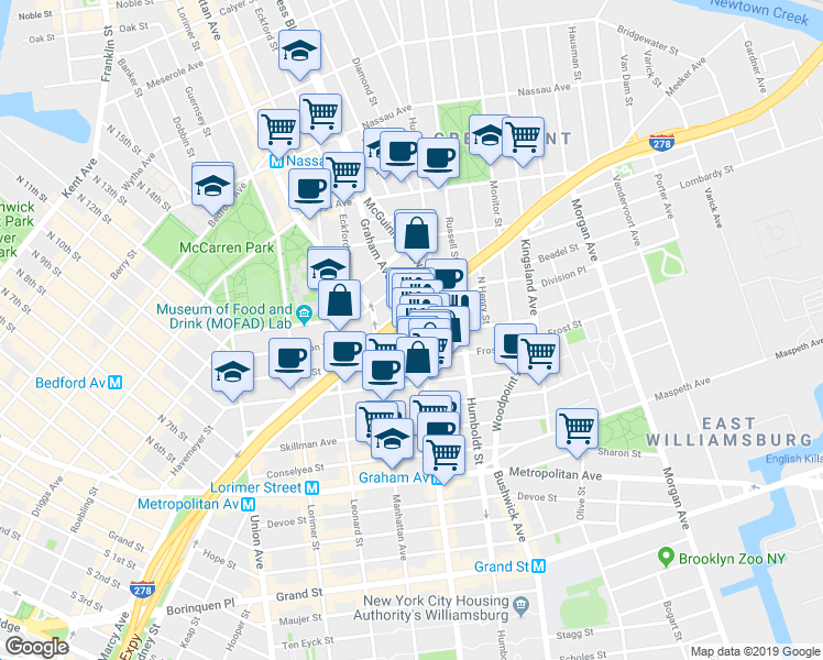 map of restaurants, bars, coffee shops, grocery stores, and more near 455 Graham Avenue in Brooklyn