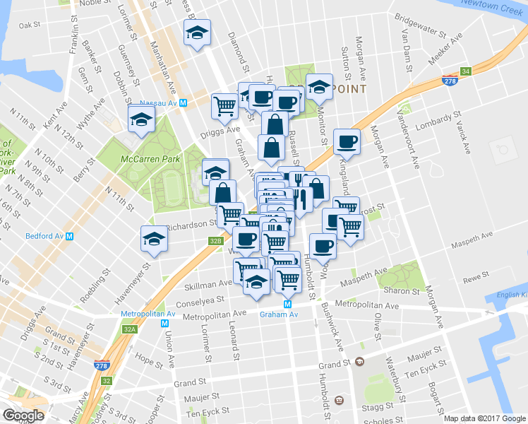 map of restaurants, bars, coffee shops, grocery stores, and more near in Brooklyn