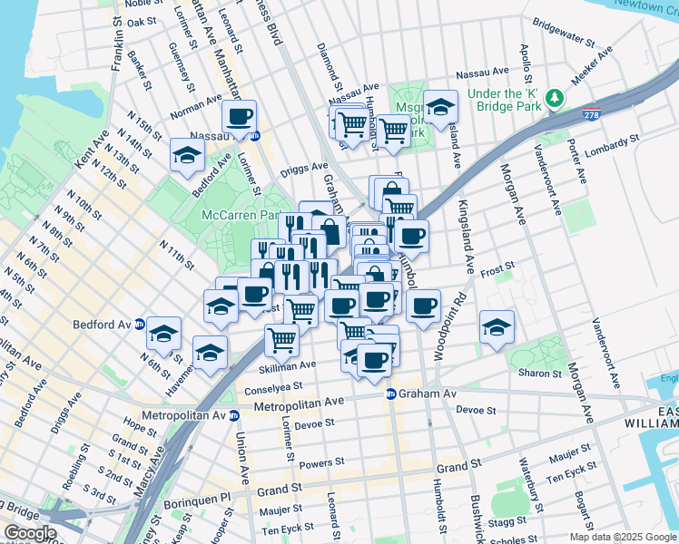 map of restaurants, bars, coffee shops, grocery stores, and more near 415 Manhattan Avenue in Brooklyn