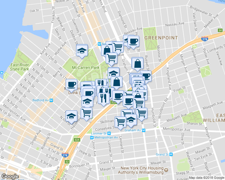 map of restaurants, bars, coffee shops, grocery stores, and more near 410 Leonard Street in Brooklyn