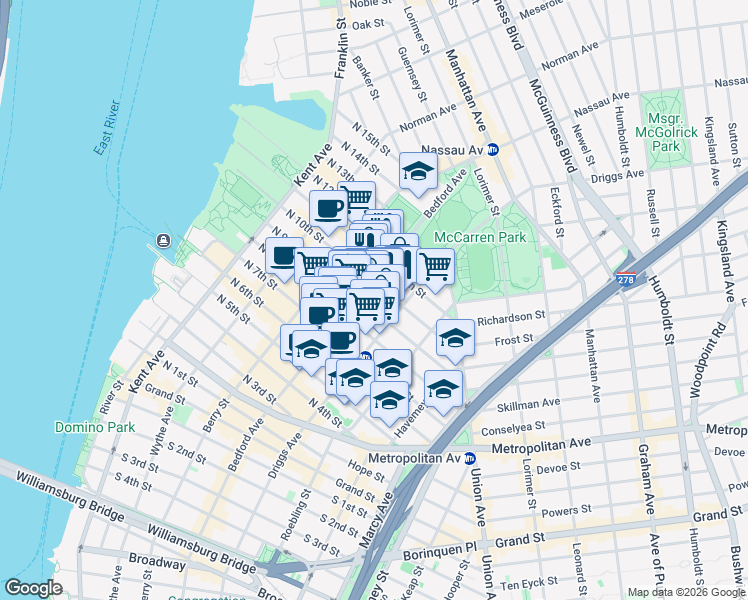 map of restaurants, bars, coffee shops, grocery stores, and more near 167 North 9th Street in Brooklyn