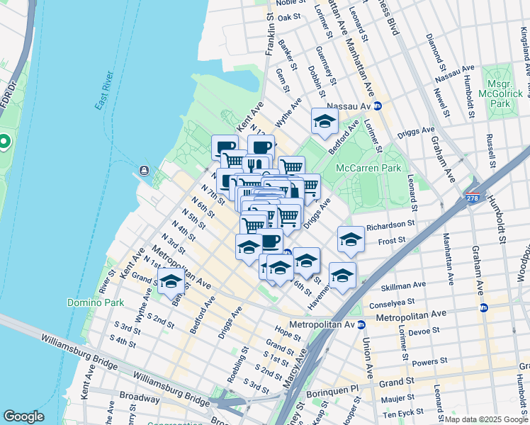 map of restaurants, bars, coffee shops, grocery stores, and more near 141 North 8th Street in Brooklyn